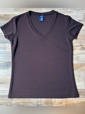 Vintage GAP Chocolate Brown Fitted V-Neck Short Sleeve Tee Darts 90s Clean Girl